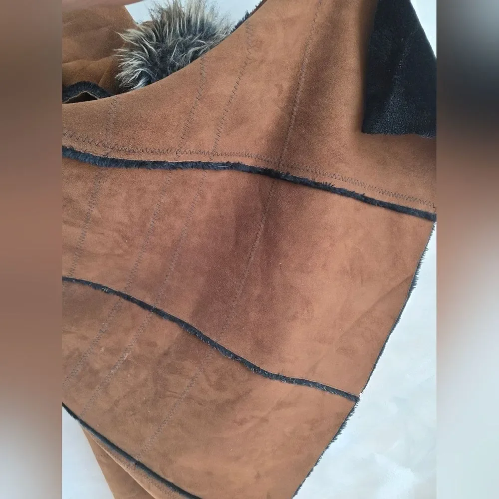 Vtg Brown Faux Suede Fur Hooded Full Length Long Afghan Penny Lane Coat Sz M - Picture 4 of 16